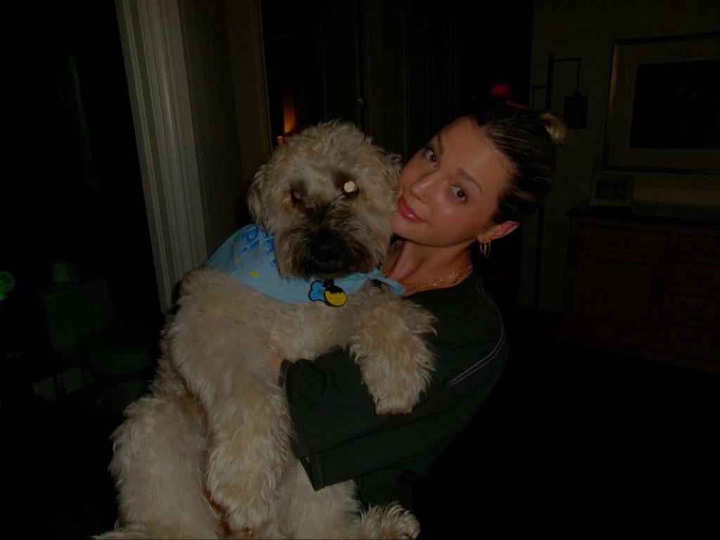 A woman holding a large dog, both smiling in a dimly lit room. The dog is wearing a blue bandana with yellow designs.